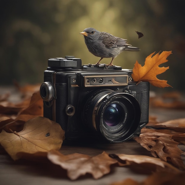 Foto er is een vogel zit op een camera met een blad generatieve