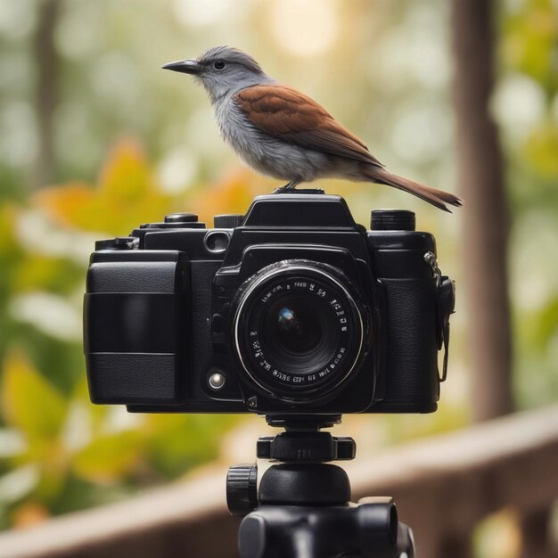 Foto er is een vogel zit op een camera met een blad generatieve