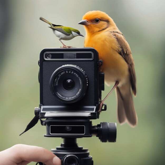 Foto er is een vogel zit op een camera met een blad generatieve