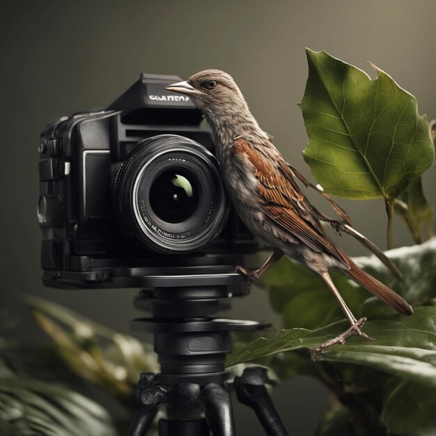 Foto er is een vogel zit op een camera met een blad generatieve