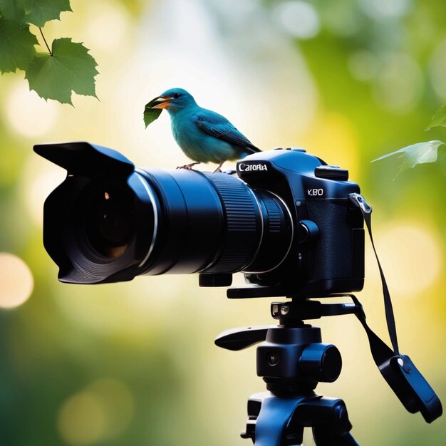 Foto er is een vogel zit op een camera met een blad generatieve