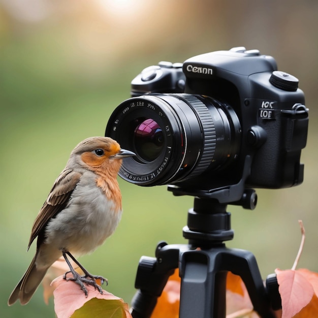 Foto er is een vogel zit op een camera met een blad generatieve