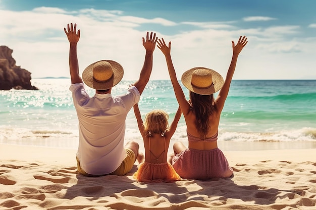 Foto familie zit op het zand verhogen hun armen om hallo te zeggen