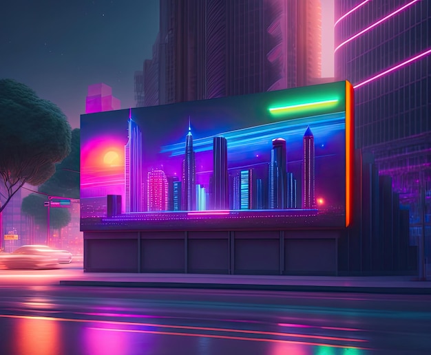 Foto futuristische neonstad met billboard op straat 4