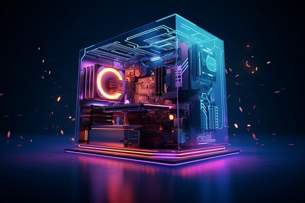 Foto gaming pc computer gloeit in het donker futuristische moderne illustratie innovatieve technologieën