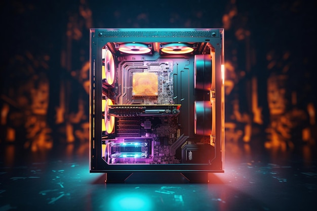 Foto gaming pc computer gloeit in het donker futuristische moderne illustratie innovatieve technologieën