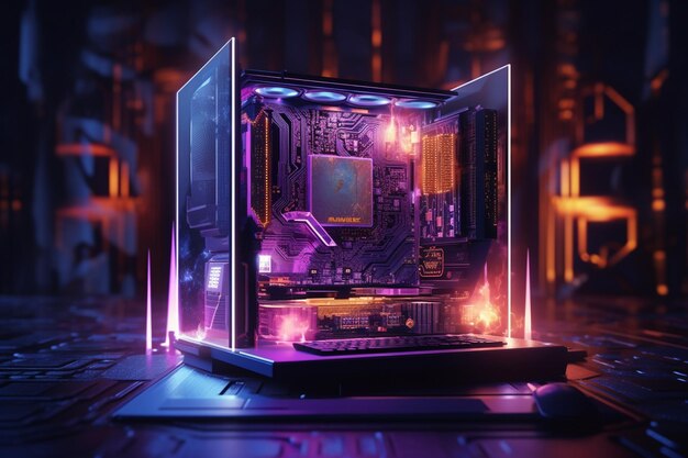 Foto gaming pc computer gloeit in het donker futuristische moderne illustratie innovatieve technologieën