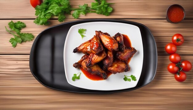 Foto gebakken kippenvleugels in Aziatische stijl en tomatensous op bord