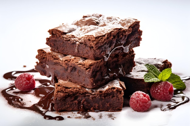 Foto Gebakken stukjes chocolade brownie taart op witte heerlijke dessert generatieve ai