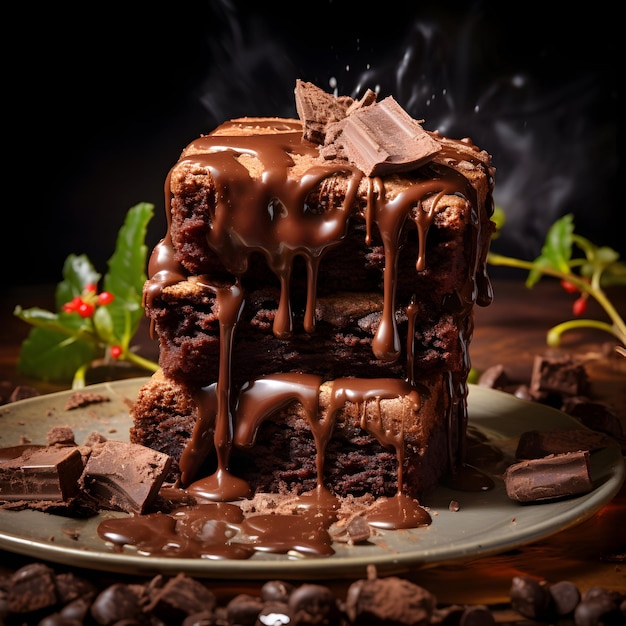 Foto Gebakken stukjes chocolade brownie taart op zwarte heerlijke dessert generatieve ai