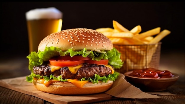 Foto foto gegrilde hamburger en frietjes eten
