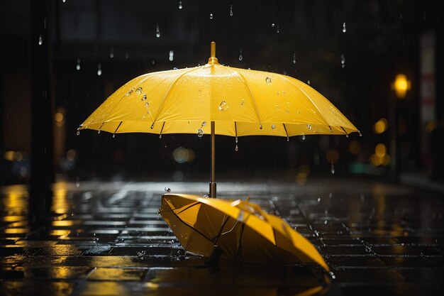 Foto gele paraplu onder regendruppels met zwart achtergrondbedrijf en modeconcept