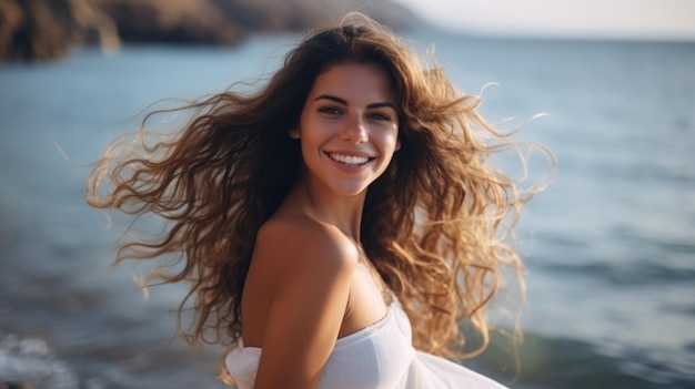 Foto Gelukkig lachende mooie vrouw aan de kust van de oceaan in een witte zomerjurk