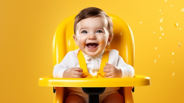 foto gelukkige baby jongen zit en eet gegenereerd door AI