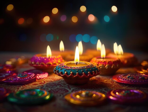 Foto gelukkige diwali indische festivalachtergrond met kaarsen diwali-dag gelukkige diwali-dag