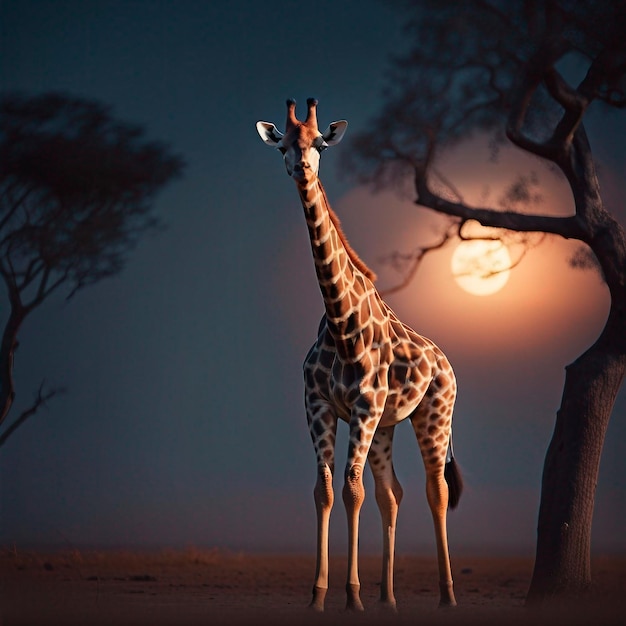 Foto giraffe Volle maan Afrika Nachtlandschap