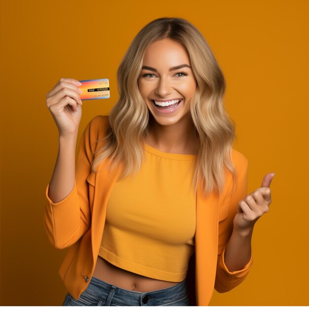 Foto glimlachende mooie vrouw met een creditcard in oranje kleren