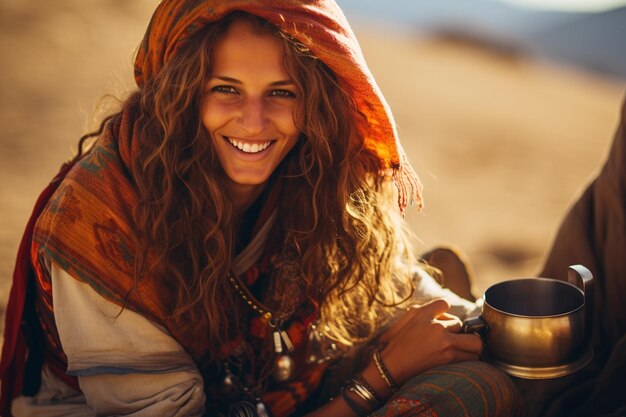 Foto foto glimlachende nomadische vrouw met beker