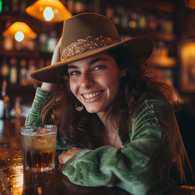 Foto glimlachende vrouw met hoed die St. Patrick's Day viert in de bar met een drankje