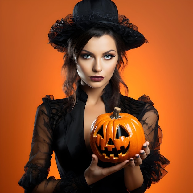 Foto glimlachende vrouw verkleed als heks voor halloween-dag met kwade pompoenen generatieve ai