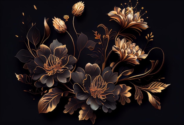 Foto gouden bloemen op zwarte achtergrond elegant bloemenbehang Genereer Ai