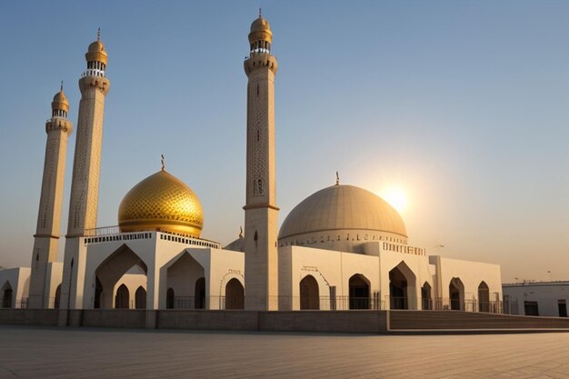 Foto Gratis Ramadan Kareem Eid Mubarak Moskee in de avond met zonlicht op de achtergrond