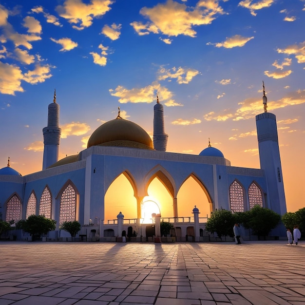 Foto Gratis Ramadan Kareem Eid Mubarak Moskee in de avond met zonlicht op de achtergrond