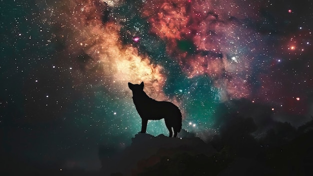 Foto gratis van Kleurrijke sterrenstelsel en wolf illustratie