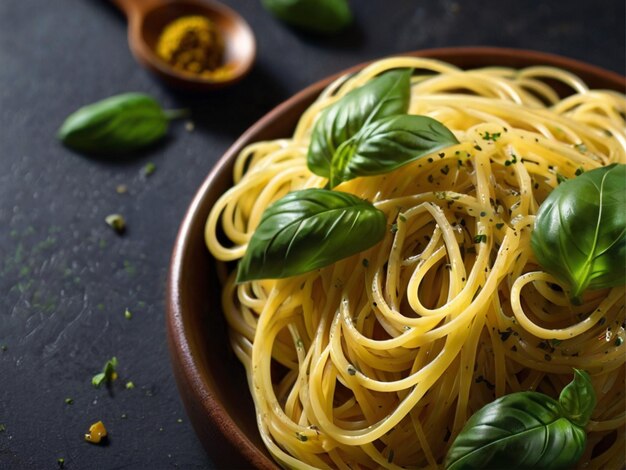 Foto groene basilicum en gele spaghetti