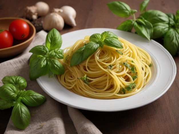Foto groene basilicum en gele spaghetti