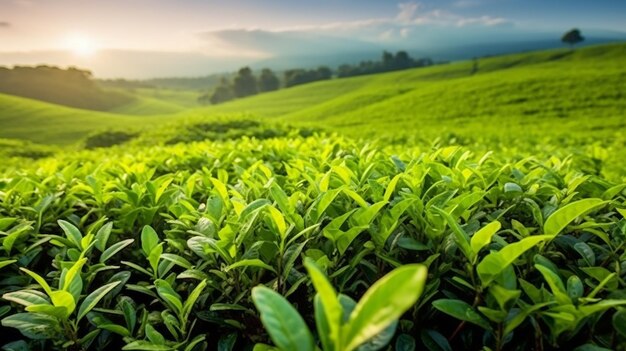 Foto groene theeblaadjes theeknoppen groene theeplantages in de ochtend natuur met zonneschijn