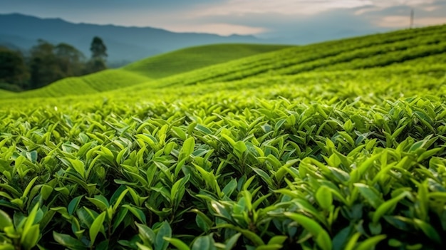 Foto groene theeblaadjes theeknoppen groene theeplantages in de ochtend natuur met zonneschijn