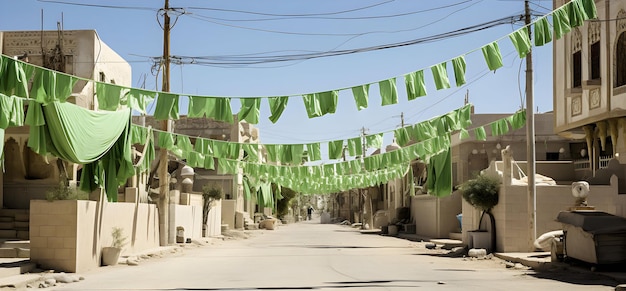 Foto Groene vlaggen in de straten voor 12 Rabi Ul Awal islamitische viering generatieve ai