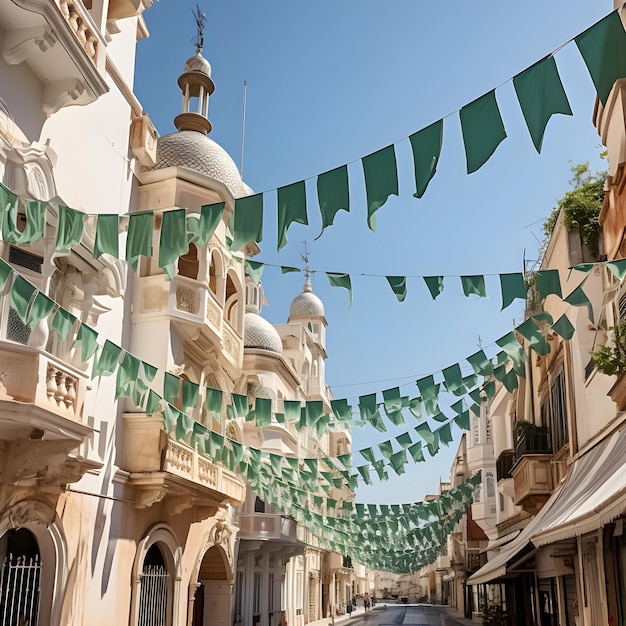 Foto Groene vlaggen in de straten voor Eid Milad un Nabi islamitische viering generatieve ai