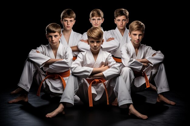 Foto foto groep jongens kinderen die martial arts karate trainen geïsoleerd over zwarte studio achtergrond