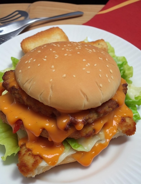 Foto grote dubbele cheddar cheeseburger met kip kotlet met vliegende ingrediënten geïsoleerd op Burger