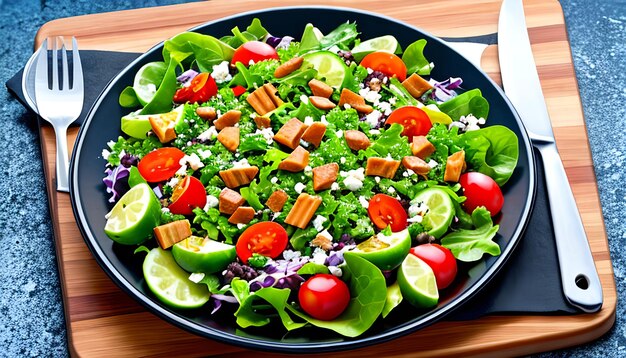 Foto halve opname van heerlijke veganistische salade met verse ingrediënten in een bord en vork op zwarte cuttin