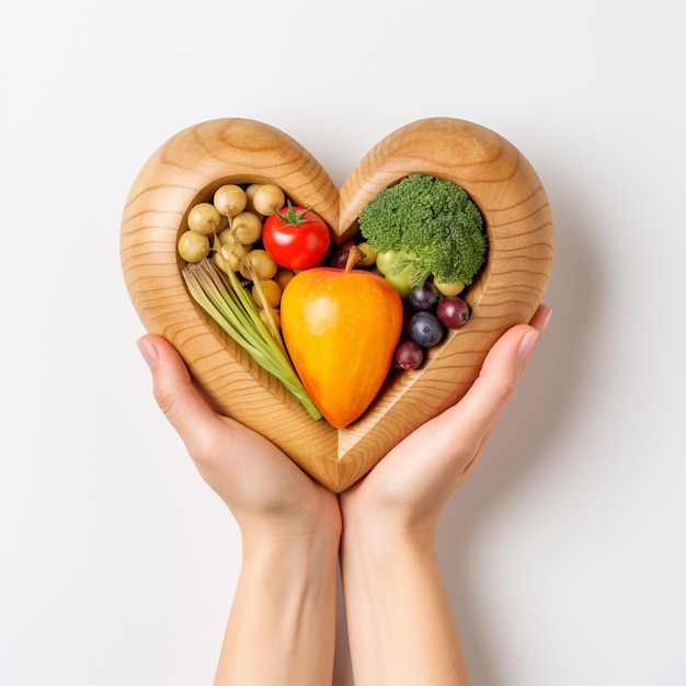 Foto hand met gezond voedsel in de vorm van een houten hart op een geïsoleerde achtergrond