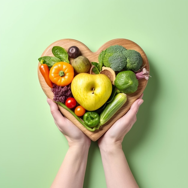 Foto hand met gezond voedsel in de vorm van een houten hart op een geïsoleerde achtergrond