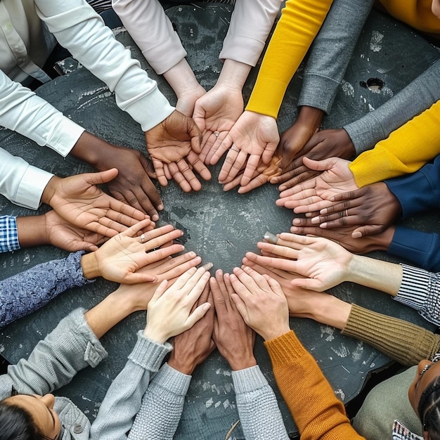 Foto foto handen in de vorm van een hart van een gelukkige groep van multinationale afrikaanse latijns-amerikaanse