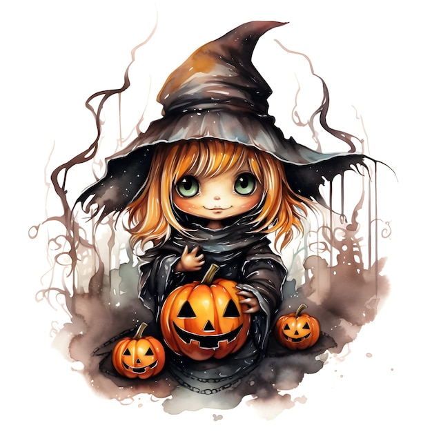 Foto Happy Halloween heks met pompoenen water kleur illustratie Happy halloween day