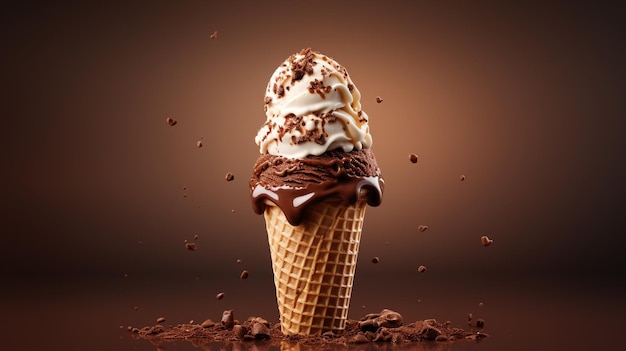 Foto Heerlijk chocolade ijs in een wafelkegel gegenereerd door AI