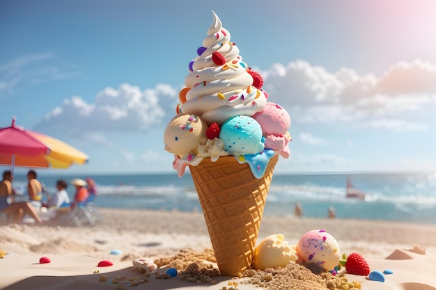 Foto heerlijk ijs in wafelkegels in handen op de achtergrond van het strand