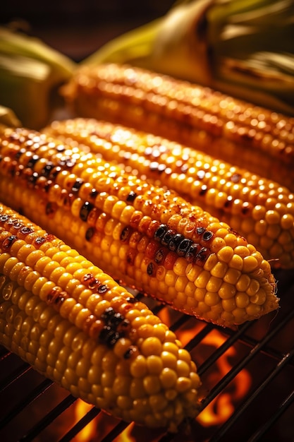 Foto hete heerlijke gegrilde maïs met gebakken granen op open vuur op grillrooster