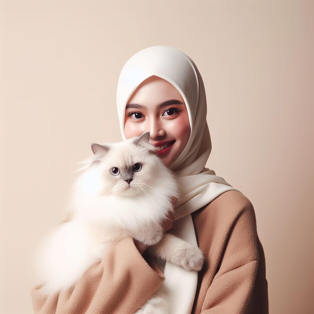 Foto foto hijab vrouwen met himalaya kat geïsoleerd op witte achtergrond