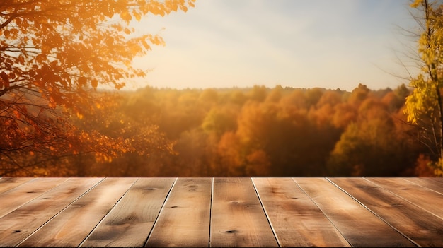 Foto houten tafel in herfstlandschap met lege kopieerruimte voor mockup voor productweergave