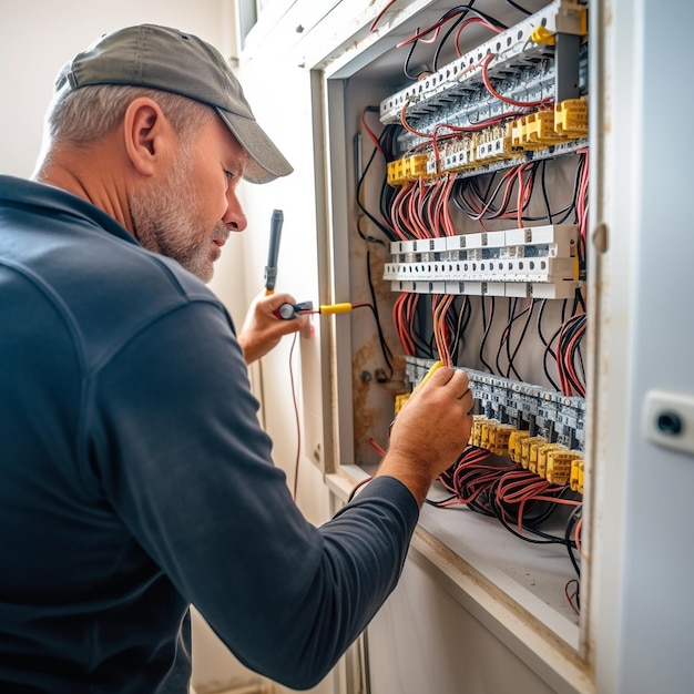 Foto hvac-technicus werkt aan een condensatoronderdeel voor condensatie-eenheid