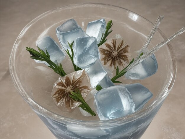 Foto foto ijsblokjes met bevroren bloemen in martini glas op tafel tegen beige achtergrond