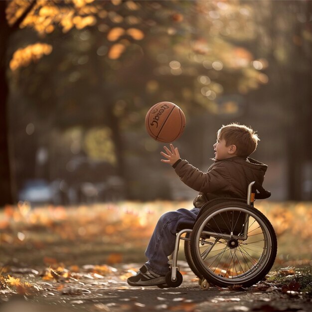 Foto in HD van een jonge jongen in een rolstoel die gelukkig basketbal speelt