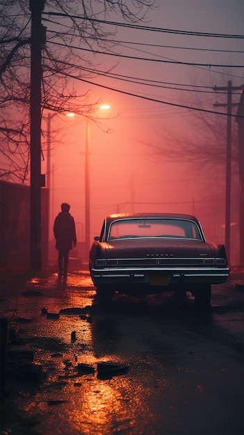 foto Industrieterrein GENRE scifi STEMMING dystopisch SCÈNE persoon staat alleen naast een oldtimer